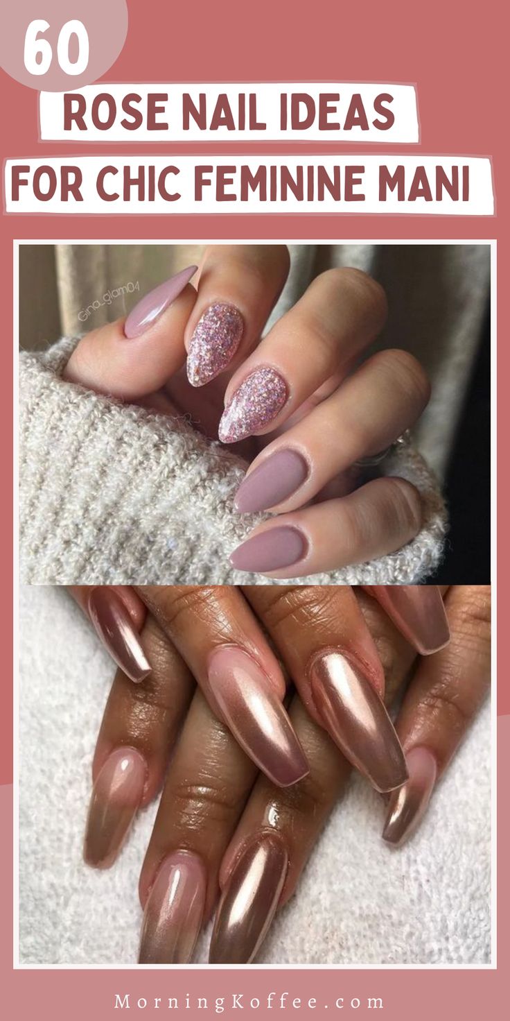 Chic Rose Nail Designs: A Feminine Blend of Soft Pinks, Sparkling Glitters, and Elegant Shapes.