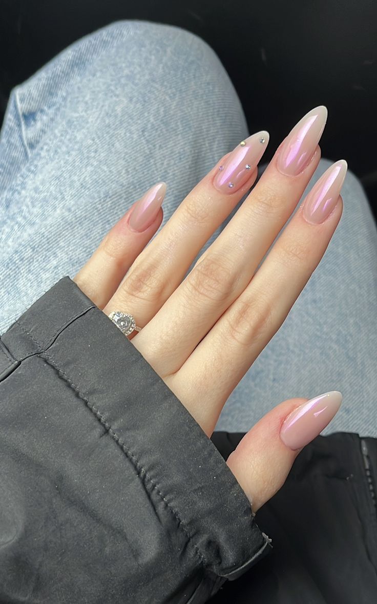 Sophisticated Gradient Almond-Shaped Nails with Shimmer and Gem Accents.