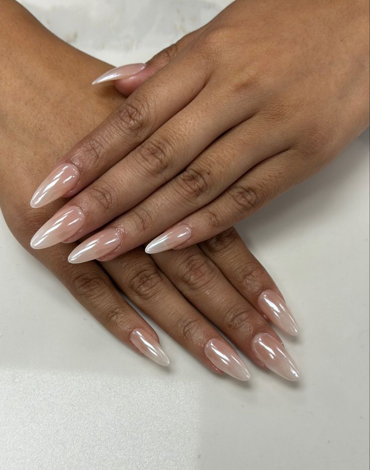 Chic Almond-Shaped Ombre Nails in Soft Pink and White with Glossy Finish.