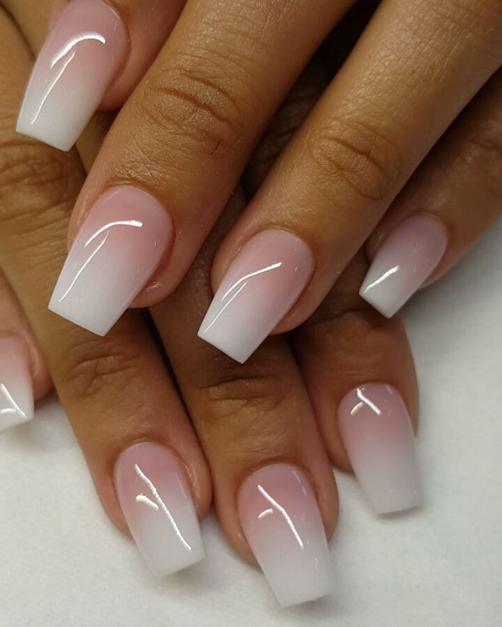 Elegant Ombre Nail Design: Soft Pink to White Gradient in a Versatile Square Shape.