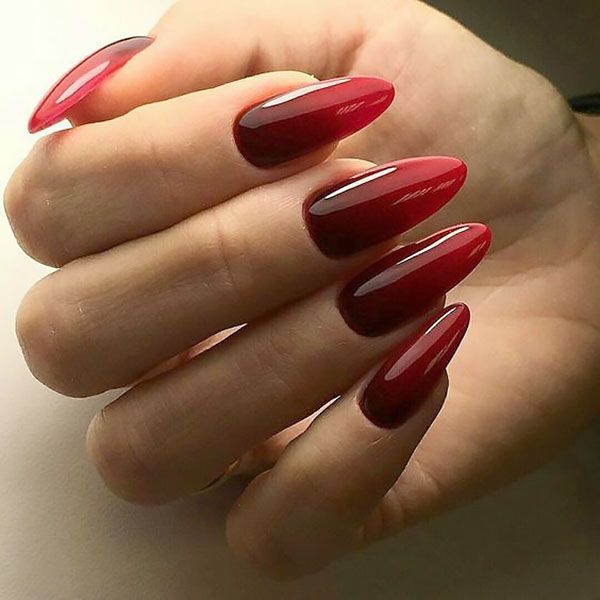 Elegant Almond-Shaped Nails with Deep Burgundy to Light Red Gradient and Glossy Finish for Bold Statements.