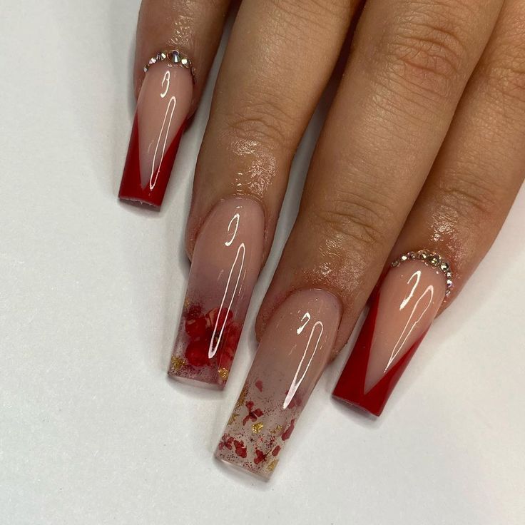 Elegant Elongated Square Nail Design with Nude and Red Gradient Accents