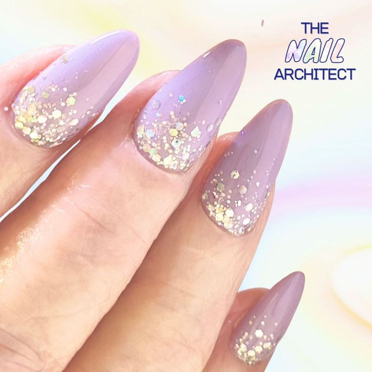 Elegant Lavender Ombre Nails with Sparkling Gold Glitter Tips