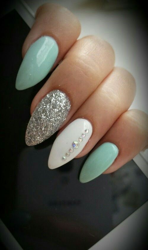 Stylish Mint Green and White Nail Design with Glitter and Rhinestones