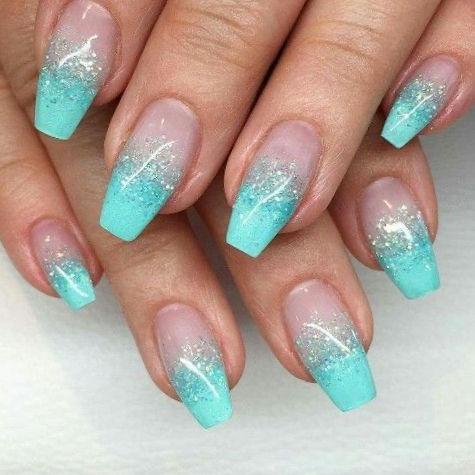 Chic Aqua Ombre Nail Design with Sparkling Silver Tips for Elegant Looks.