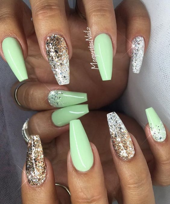 Chic Mint Green Nail Design with Glitter Accents for Glamorous Occasions.