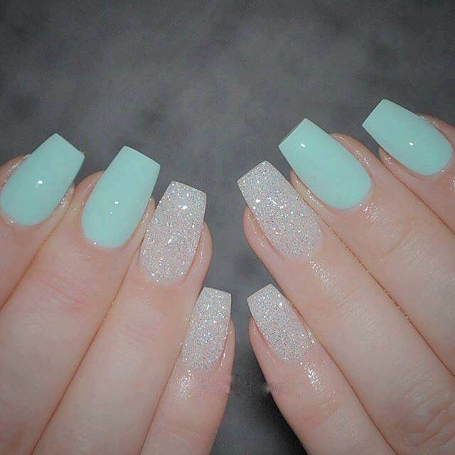 Elegant Mint Green Nails with Sparkling Silver Accents.