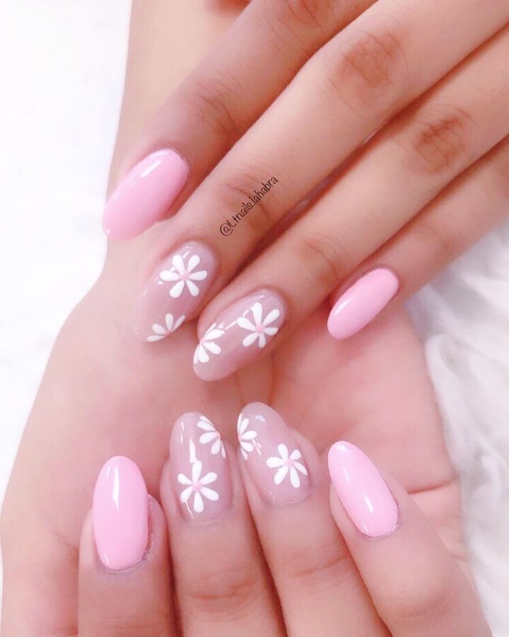 Charming Elegant Nail Design: Soft Pink, Clear Elements, and Delicate Floral Patterns