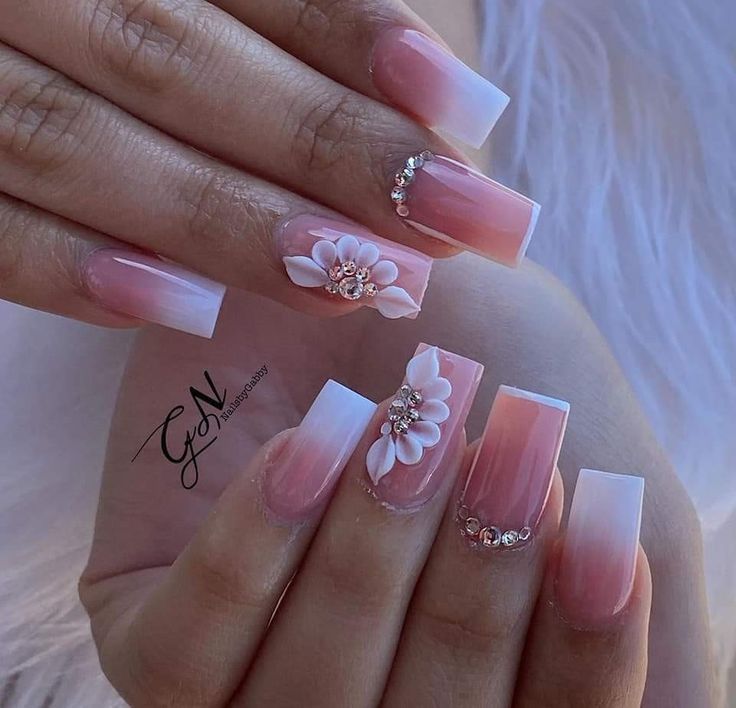 Chic Gradient Nail Design with Floral Embellishments and Rhinestones