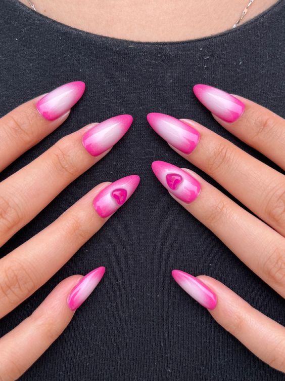 Vibrant Ombre Nail Design: Striking Bright Pink and Soft White with Heart Accents