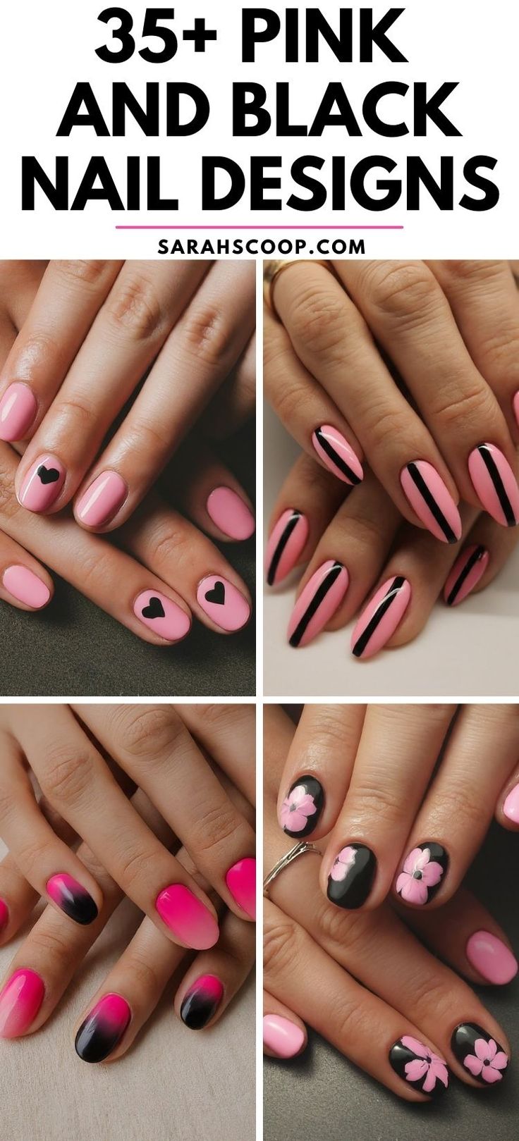 Chic Pink and Black Nail Designs: A Harmonious Blend of Playful Elegance and Romantic Whimsy.