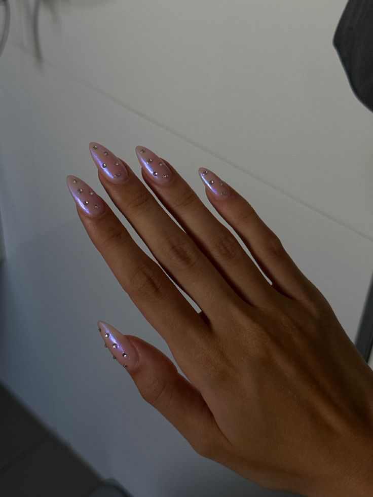 Pink Chrome French Tip Nails With Rhinestones