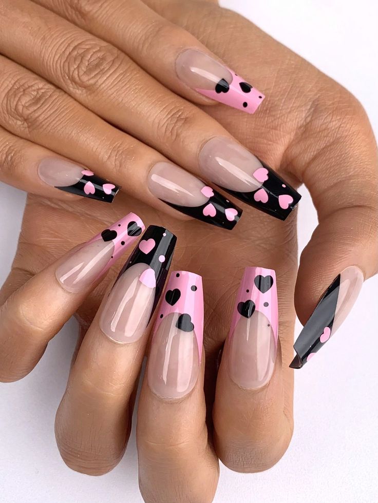 Chic Pink and Black Heart-Themed Nail Design: A Bold, Romantic Look for Any Occasion