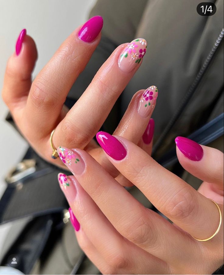 Chic Pink and Nude Nail Design with Floral Accents for a Playful Spring/Summer Look.