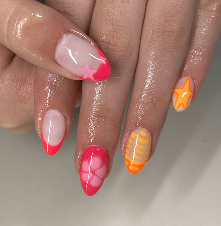 Pink Nails With Orange Design