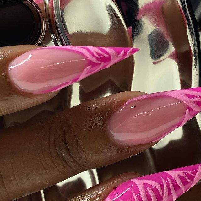 Elegant Almond-Shaped Nails with Glossy Pink Base and Striking Bright Pink Tips