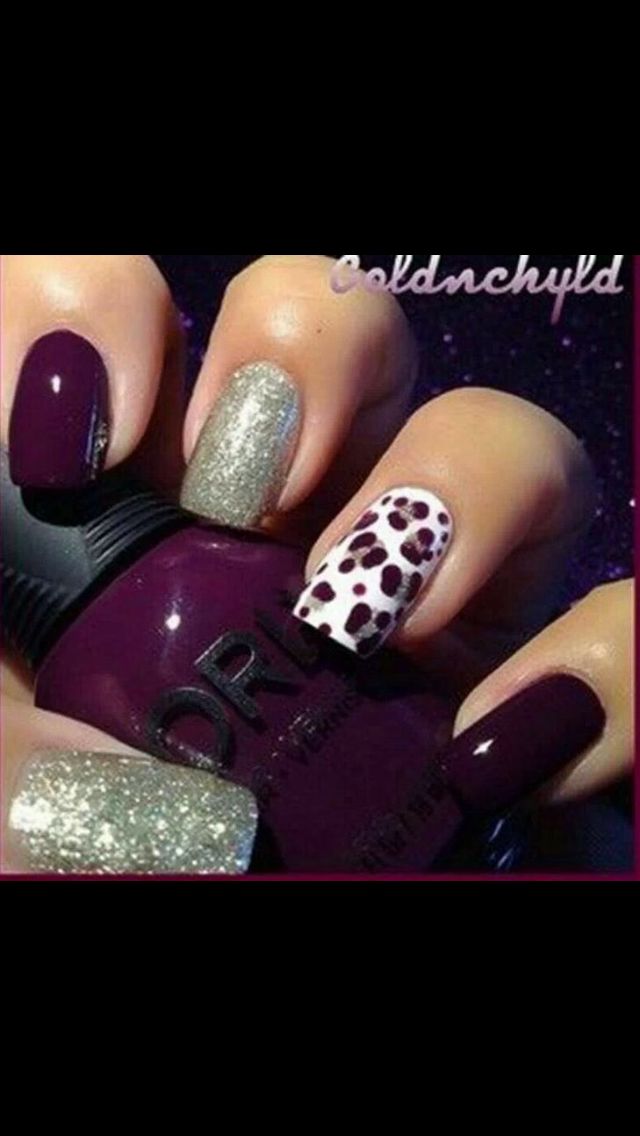 Vibrant Deep Purple and Silver Nail Art with Playful Accent Spots.