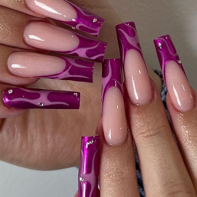 Vibrant Pink and Purple Stylish Long Nails with Glossy Finish and Rhinestone Accents