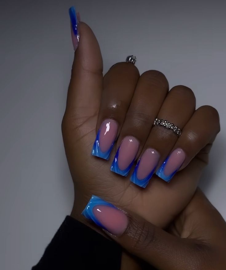 Chic Gradient Nail Design: Soft Pink Meets Vibrant Blue with Glossy Finish