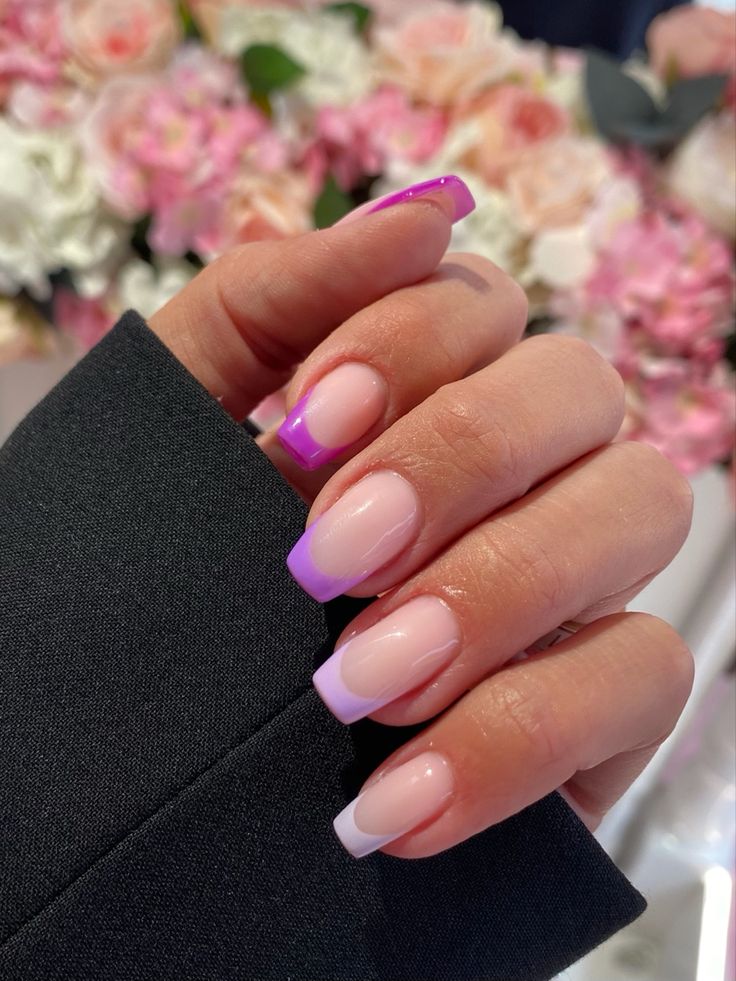 Chic Gradient French Manicure: Soft Pink Base with Vibrant Purple Tips.