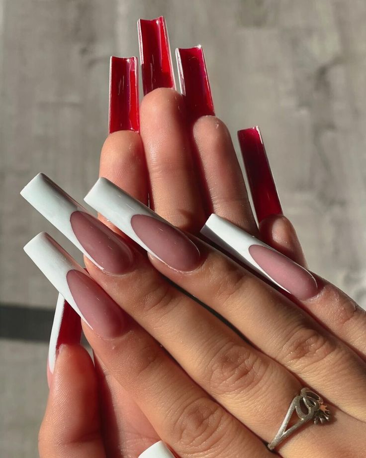 Striking Red and White Nail Design with Glossy-Matte Finish for a Modern Statement.