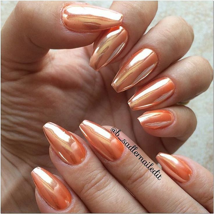 Elegant Metallic Peach Almond Shaped Nail Design with Glossy Finish