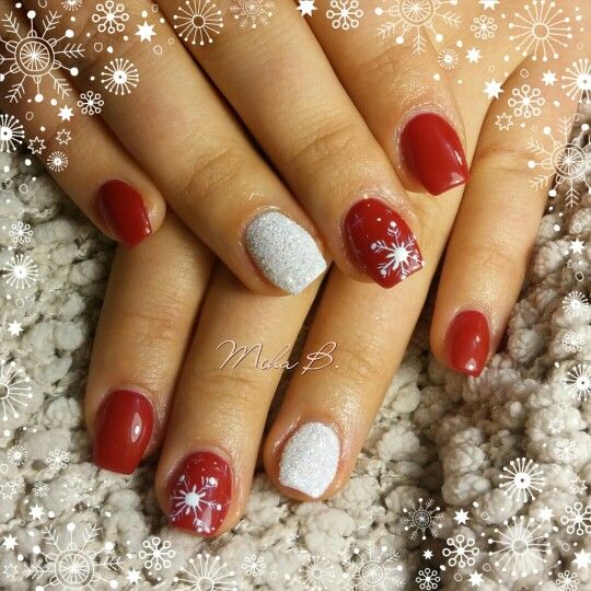 Elegant Winter Nail Design: Rich Red and Sparkling Silver with Snowflake Accents