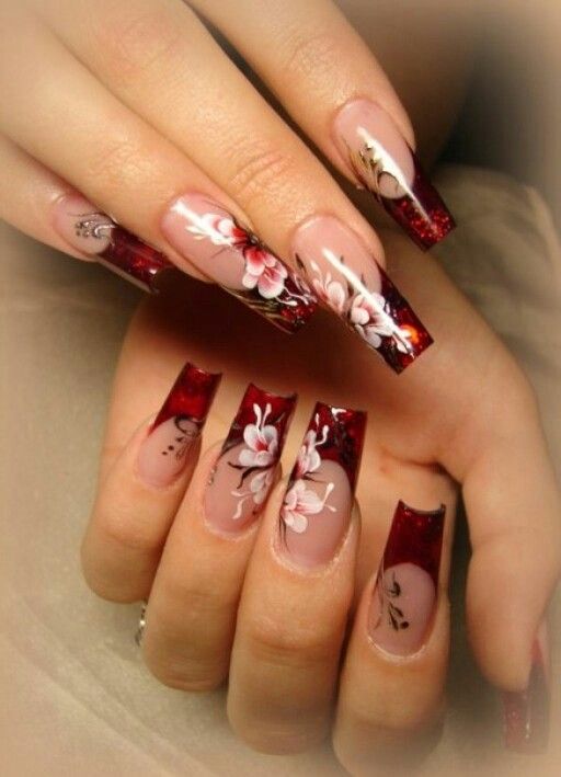 Sophisticated Long Square Nail Design with Deep Red Glitter and Floral Patterns