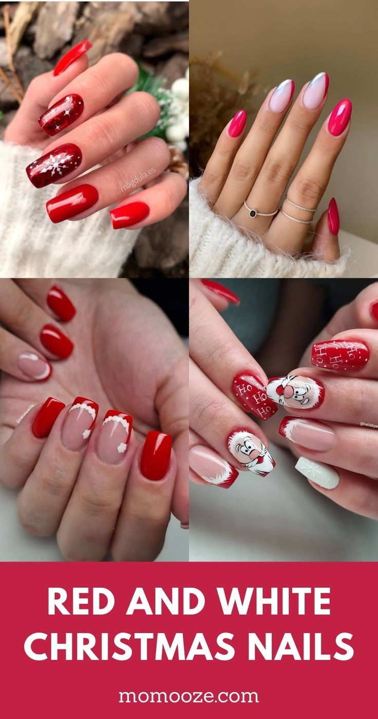 Charming Red and White Holiday Nail Designs with Festive Patterns and Glossy Finishes.