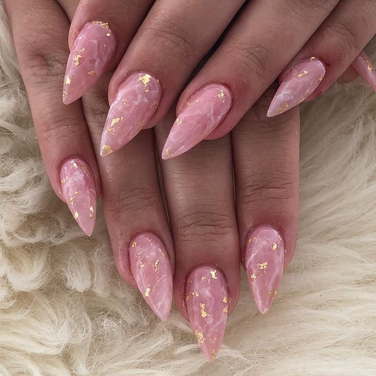 Chic Pink Marble Nails with Gold Flakes for Elegant Sophistication.