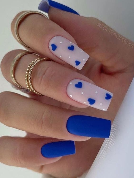 Playful Heart and Polka Dot Nail Design in Vibrant Blue and Soft Pastel Pink