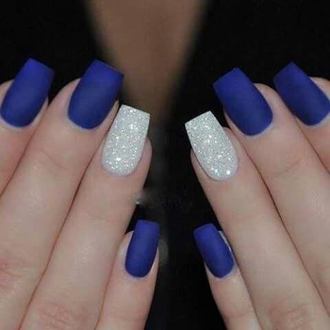 Chic Bold Blue and Shimmering Silver Nail Design: A Modern Contrast of Matte and Glitter Finishes.