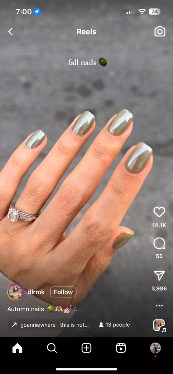 Chic Autumn Nail Design: Rich Olive Green with Glossy Finish and Modern Tip Contrast.