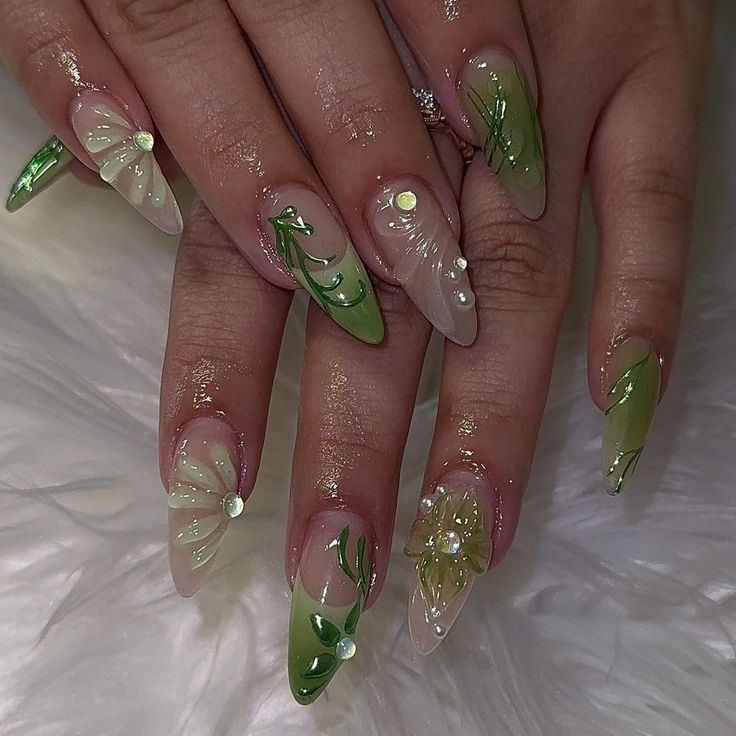 Chic Elegant Green Floral Nail Design with Vibrant Shades and Glamorous Embellishments