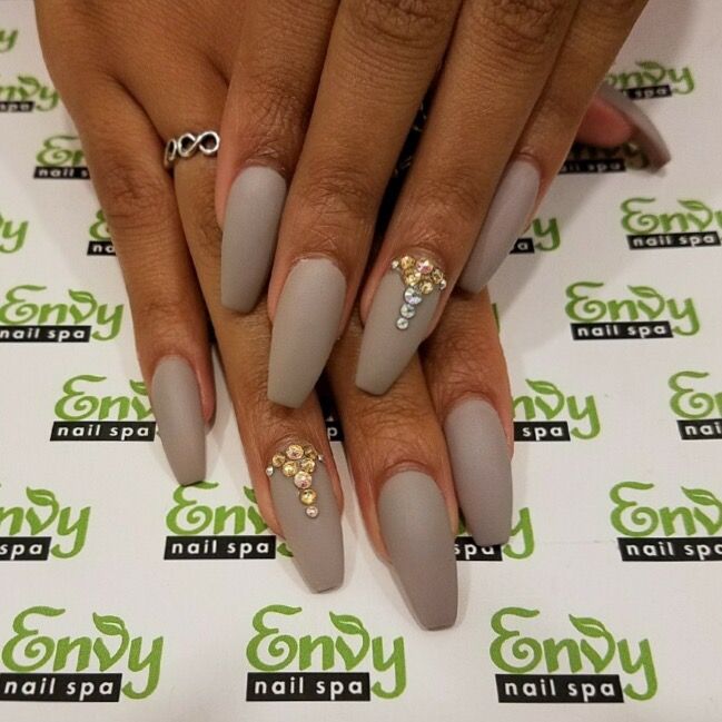 Chic Matte Gray Stiletto Nails Enhanced with Delicate Rhinestone Accents.