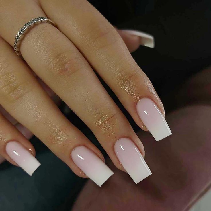 Chic Ombre Nails: Sophisticated Pale Pink to White Transition with Modern Square Shape