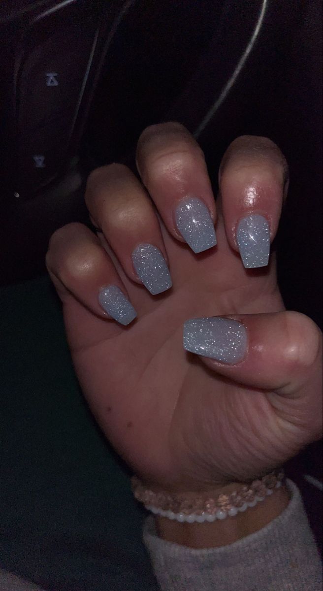 Elegant Sparkly Gray Nail Design with a Glamorous Square ShapeGua He Ren He Chang He