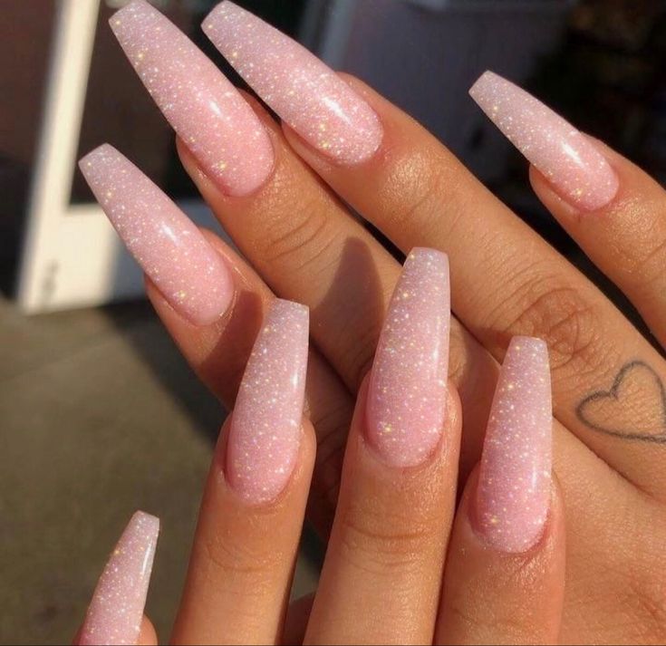 Elegant Stiletto Acrylic Nails with Delicate Pink Gradient and Glitter Sparkle