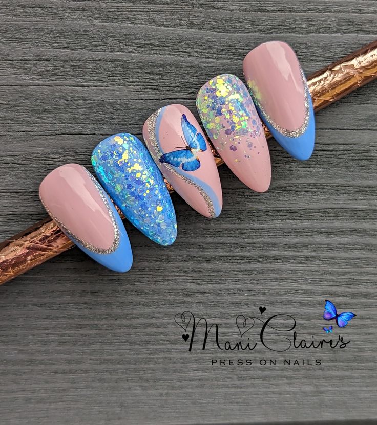 Chic Pastel Glitter Nail Design with Butterfly Motifs