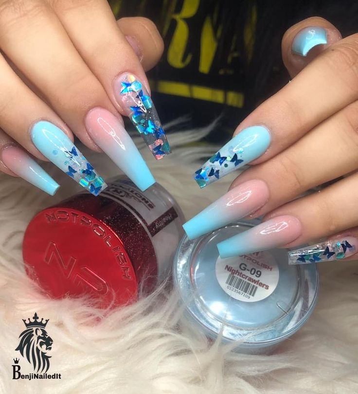 Chic Long Square Nail Design with Soft Pink to Sky Blue Gradient and Dazzling Star Confetti.