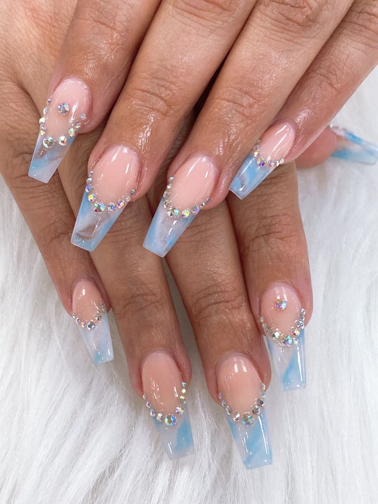 Elegant Soft Blue Gradient Nail Design with Rhinestone Accents