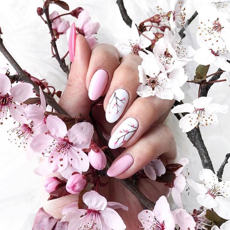 Delicate Floral Nail Design: Soft Pink Hues and Intricate Patterns for a Harmonious Spring Look.