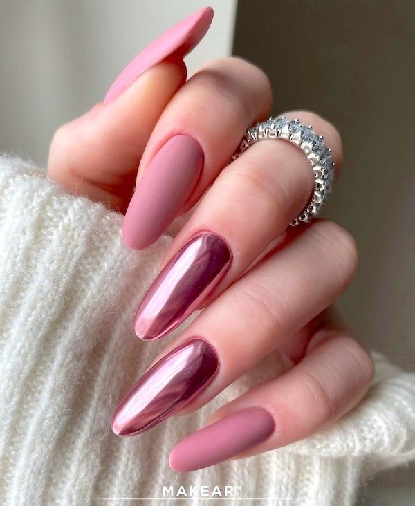 Chic Nail Design: Matte and Glossy Pink with Metallic Accents