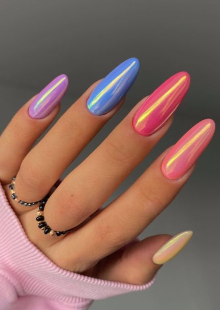 Vibrant Ombre Pastel Nail Design: Glossy Long Almond-Shaped Elegance.