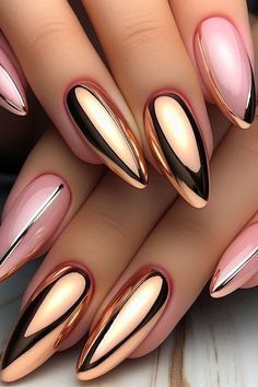 Chic Nail Design: Soft Pink and Metallic Elegance with Bold Contrast