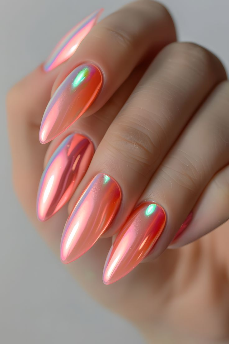 Elegant Almond-Shaped Nails with Iridescent Finish for Any Occasion