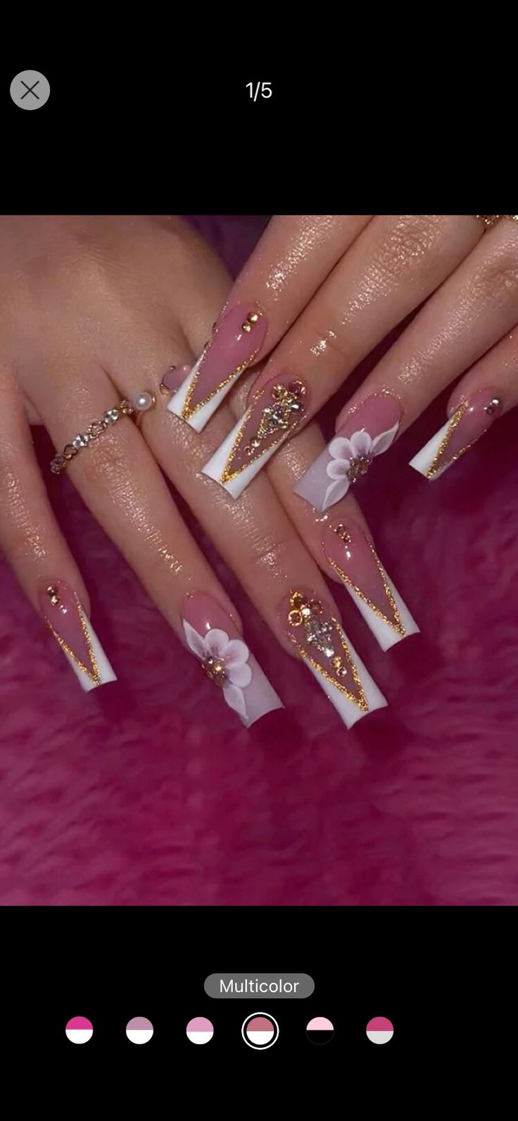 Luxurious Elegant Nail Design with Pink and White Tips, Gold Details, Floral Accents, and Gems.