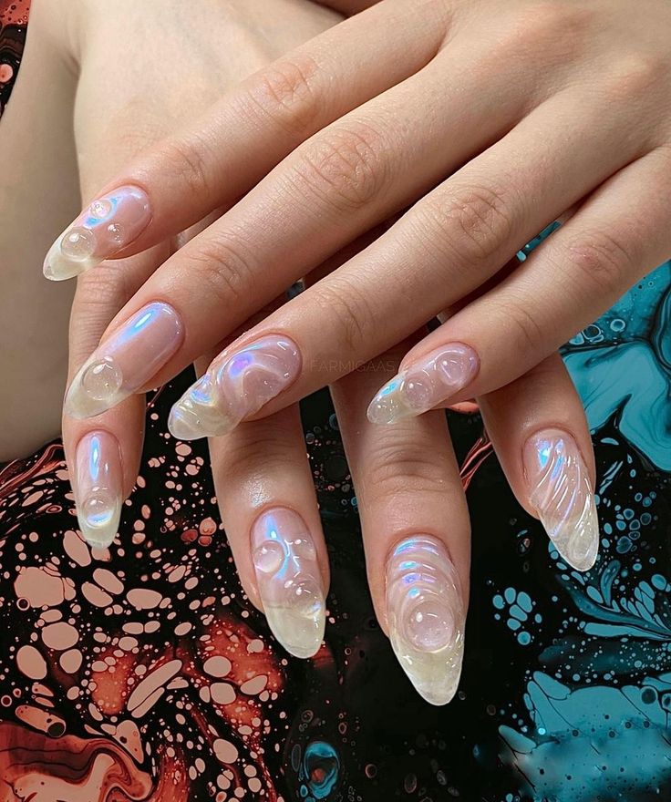 Sophisticated Almond-Shaped Nail Design with Translucent Pink, Iridescent Accents, and Striking Marbled Background.