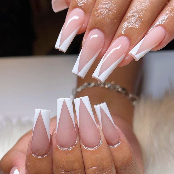 Chic Nude and White Geometric Nail Design: A Modern Elegance Blend.