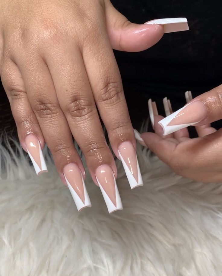 Chic Nude and White Geometric Nail Design for Elegant Manicures